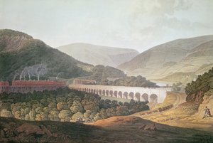 Ansicht einer Steinbrücke über das Tal und den Fluss bei Risca in Monmouthshire